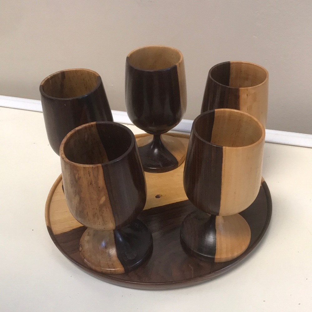Vintage Wooden Wine Goblets (5)‎ with Tray